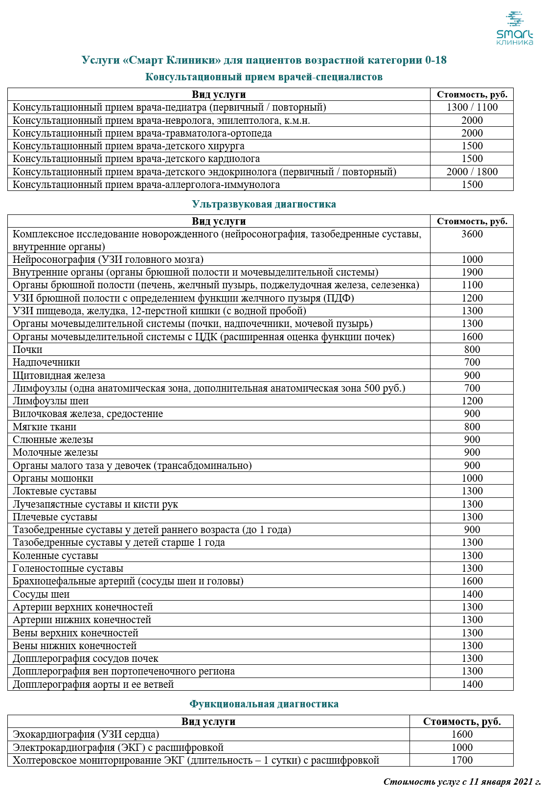 Прайс-лист » Смарт Клиника